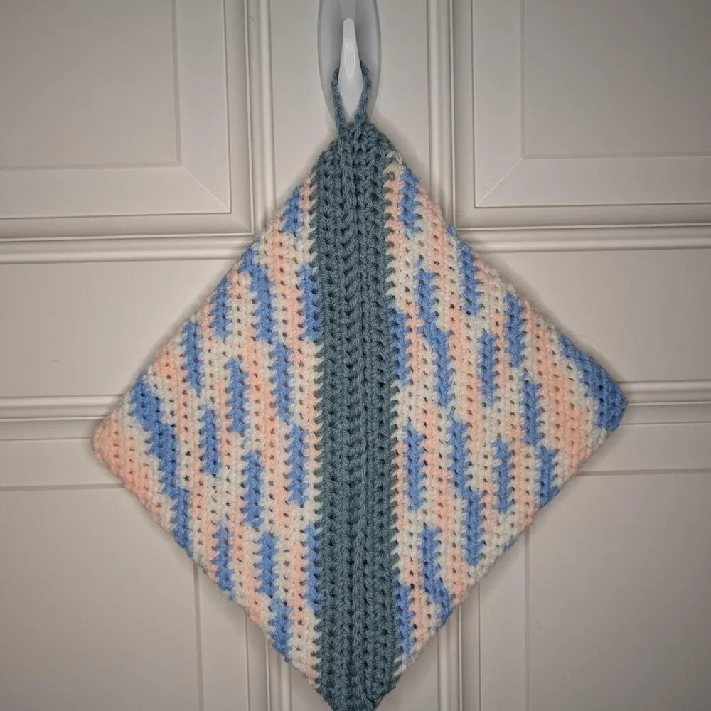 Thick Crochet Cotton Hot Pad Pastel Pink and Blue Variegated Potholder Handmade